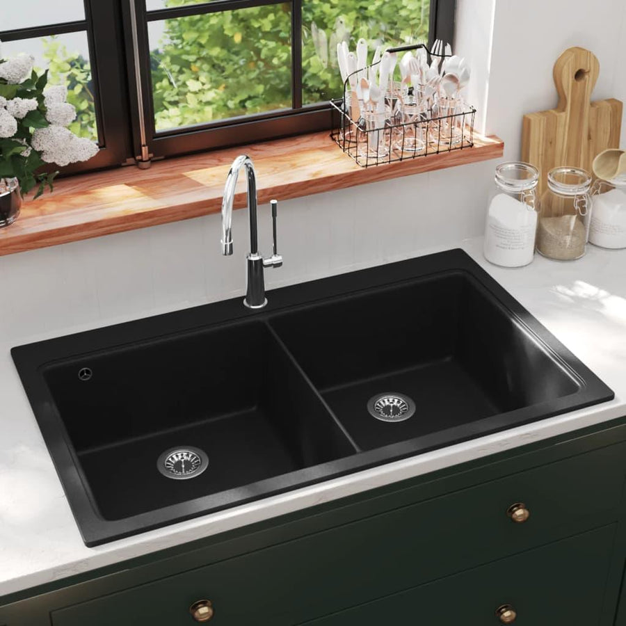 Overmount Kitchen Sink Double Basin Granite Black - Massive Discounts