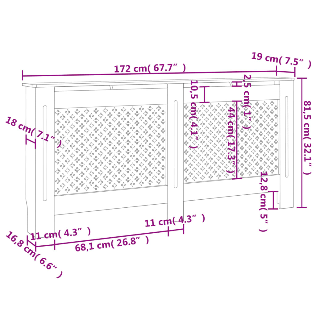 Dimensions of a white outdoor bench with lattice back and seat