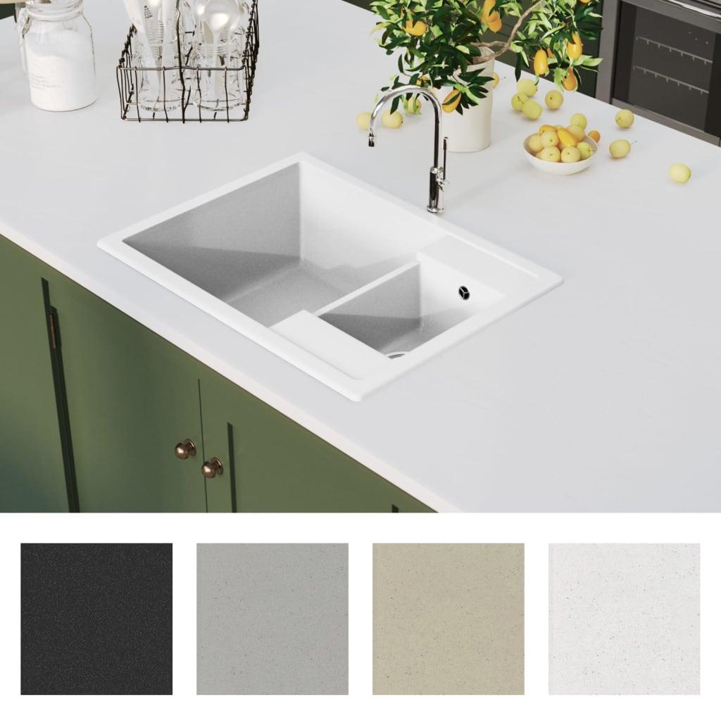 Kitchen Sink with Overflow Hole Double Basins White Granite - Massive Discounts