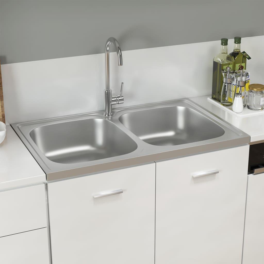 Kitchen Sink with Double Basins Silver 800x500x155 mm Stainless Steel - Massive Discounts