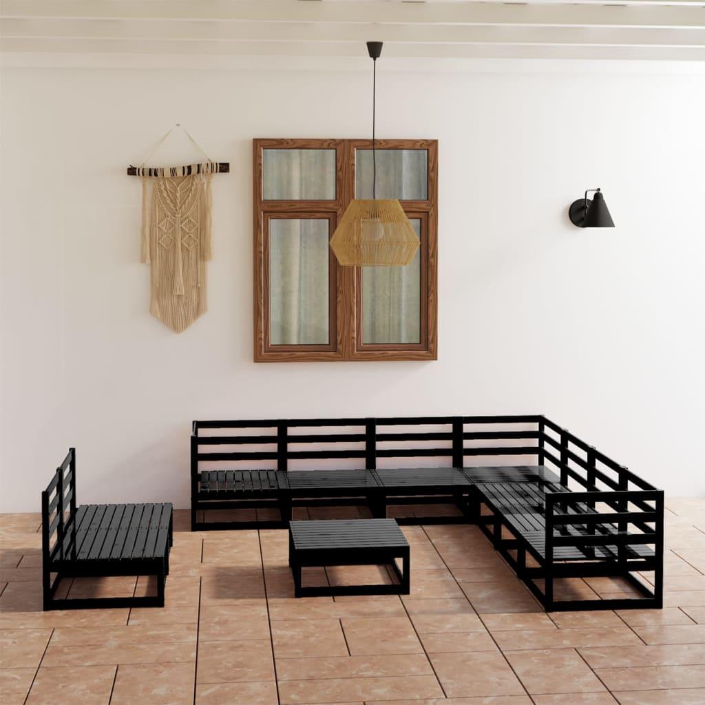 10 Piece Garden Lounge Set Black Solid Pinewood - Massive Discounts