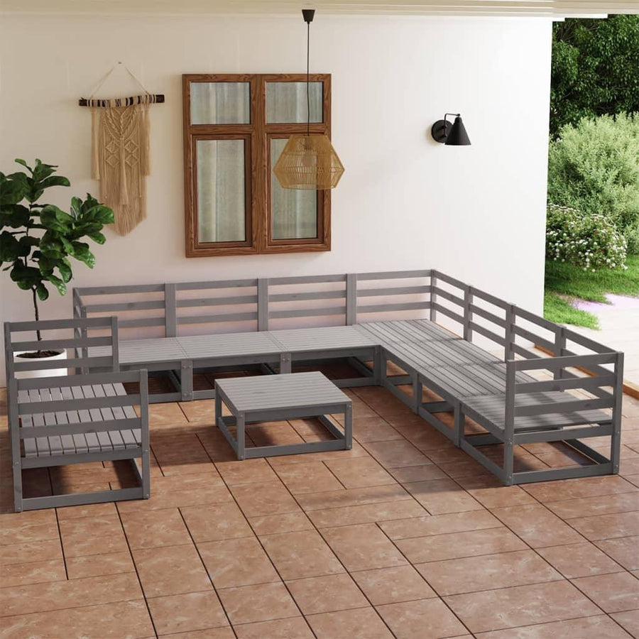 10 Piece Garden Lounge Set Grey Solid Pinewood - Massive Discounts