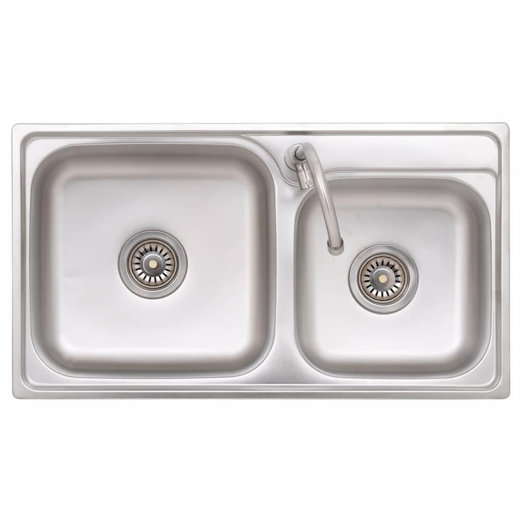 Camping Sink Double Basins with Tap Stainless Steel - Massive Discounts