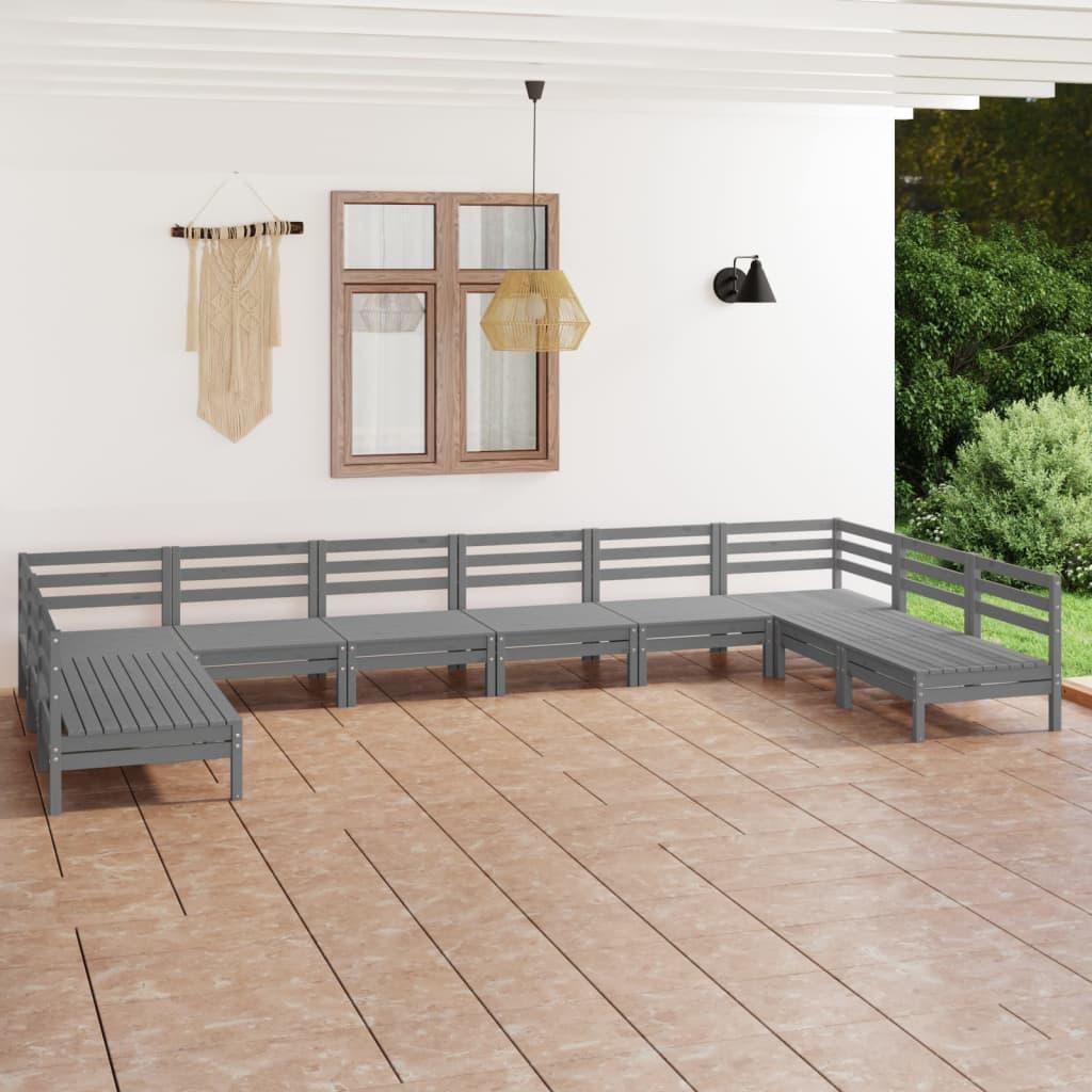 10 Piece Garden Lounge Set Grey Solid Wood Pine - Massive Discounts