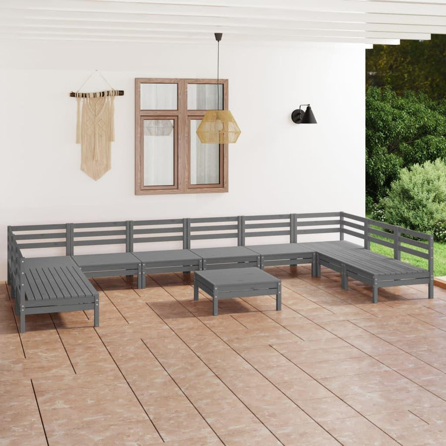 11 Piece Garden Lounge Set Grey Solid Wood Pine - Massive Discounts