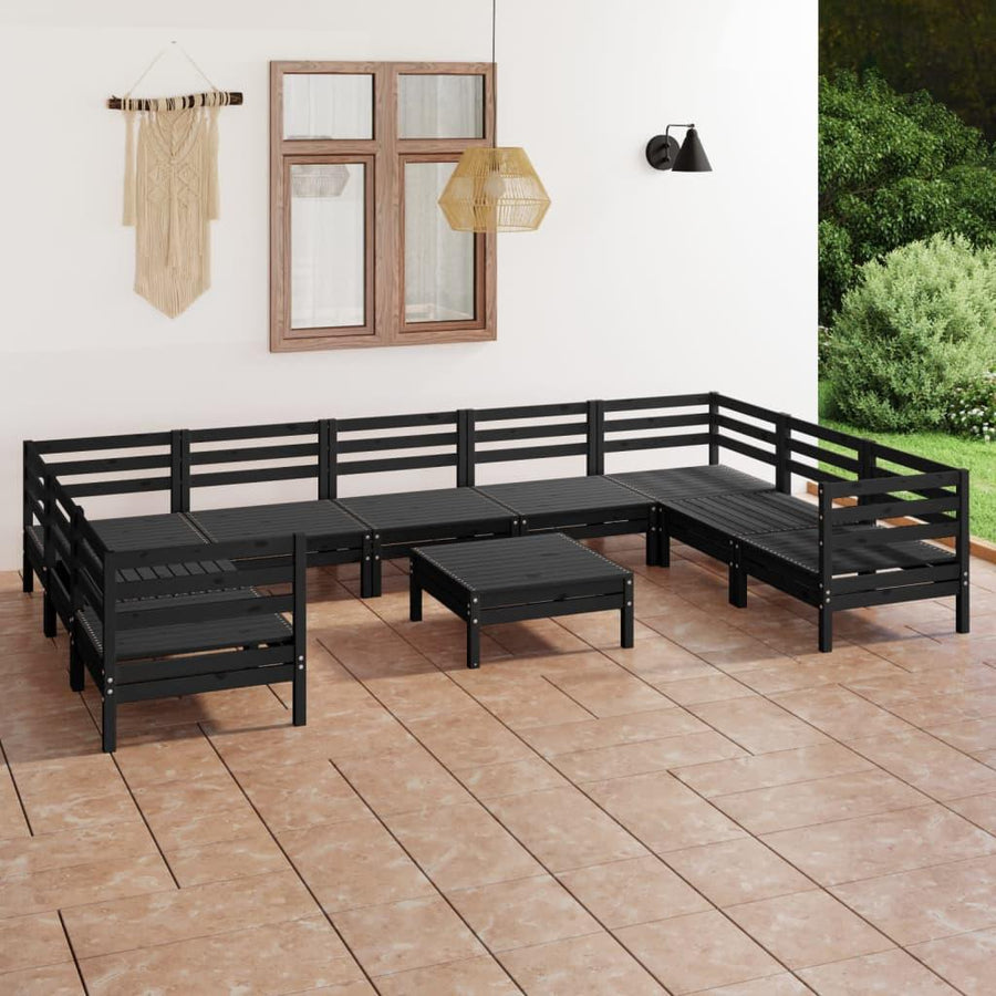 10 Piece Garden Lounge Set Black Solid Wood Pine - Massive Discounts