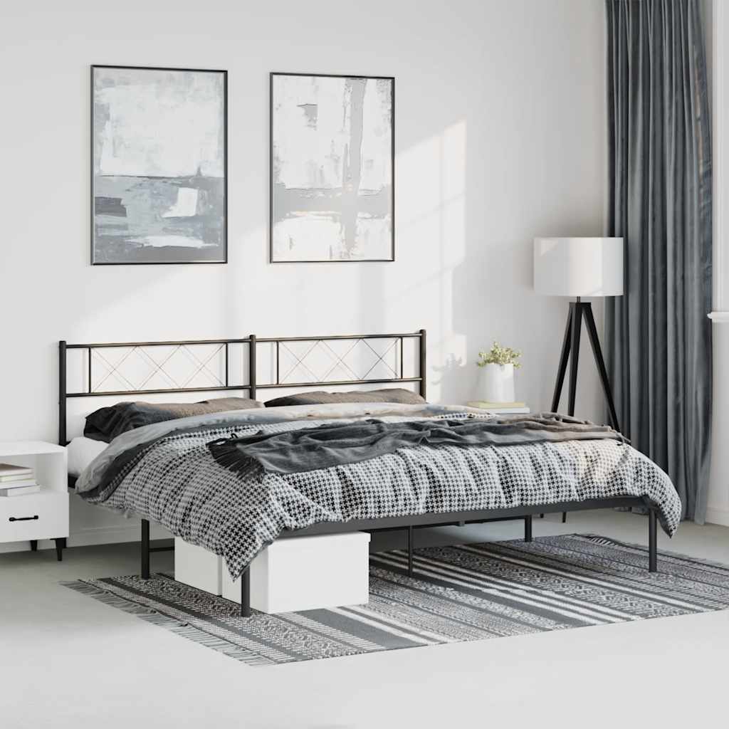 Modern bedroom with a black metal bed, white nightstands, and abstract art on the wall.