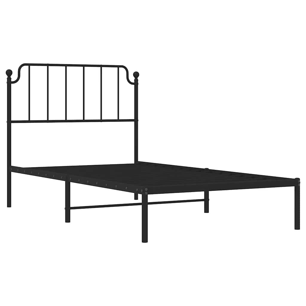 Black metal bed frame with headboard on a white background