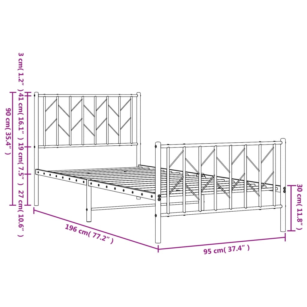 Metal Bed Frame Without Mattress With Footboard 90X190Cm