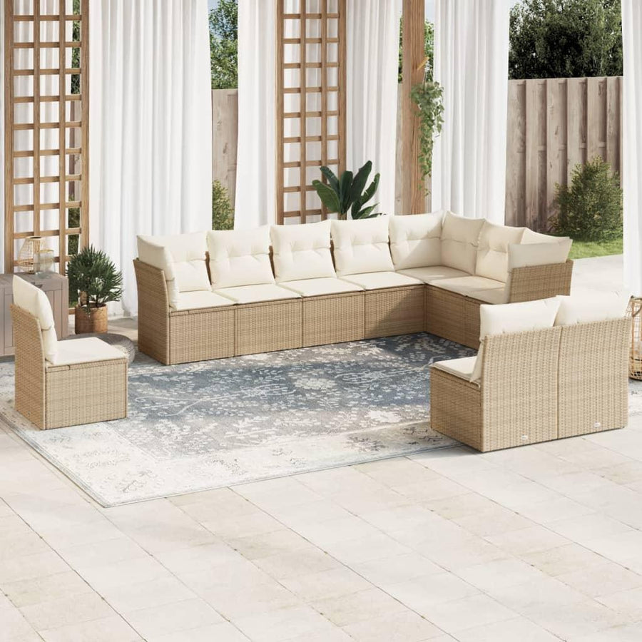 10 Piece Garden Sofa Set with Cushions Beige Poly Rattan - Massive Discounts