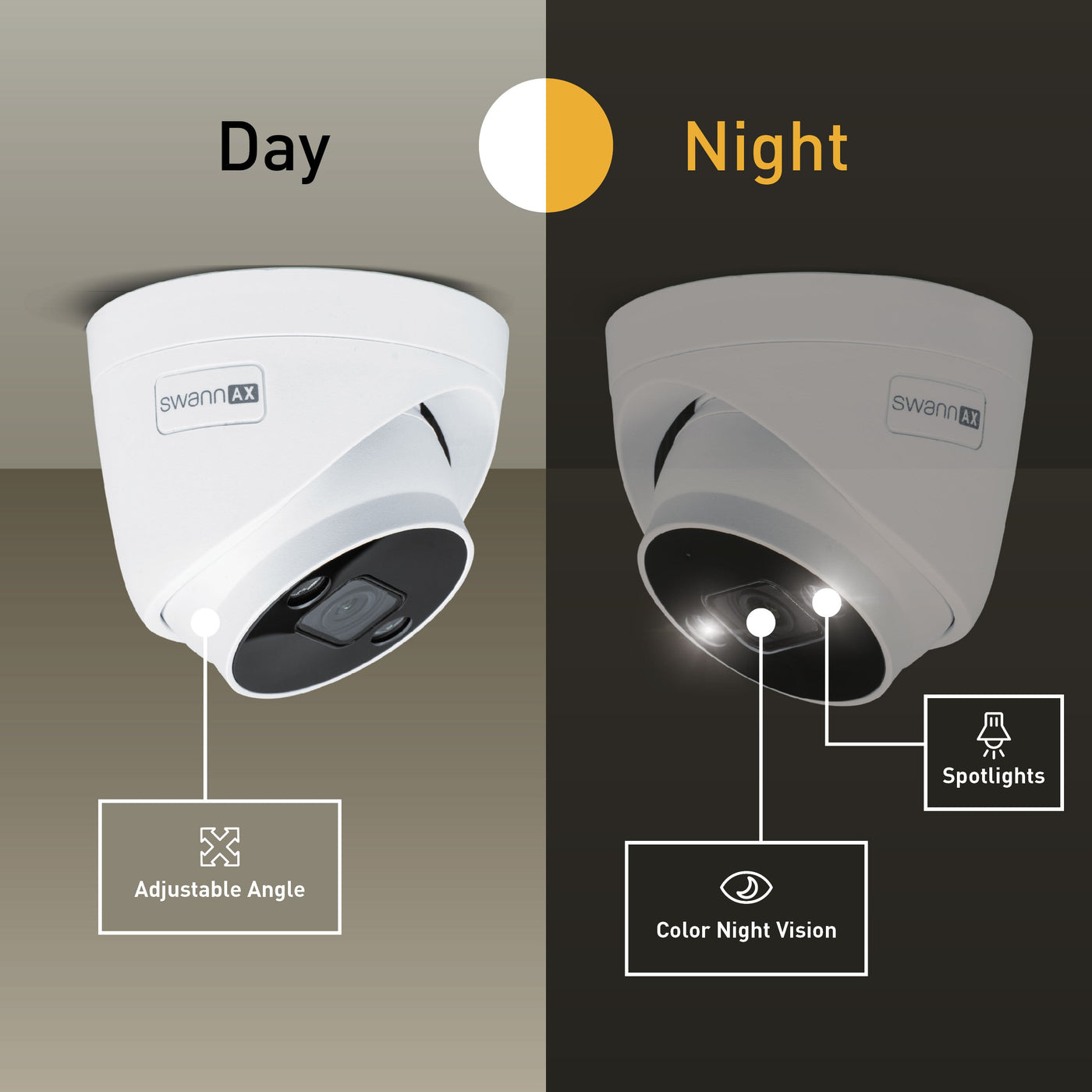 Swann security camera showing day and night functionality with adjustable angle and color night vision features.