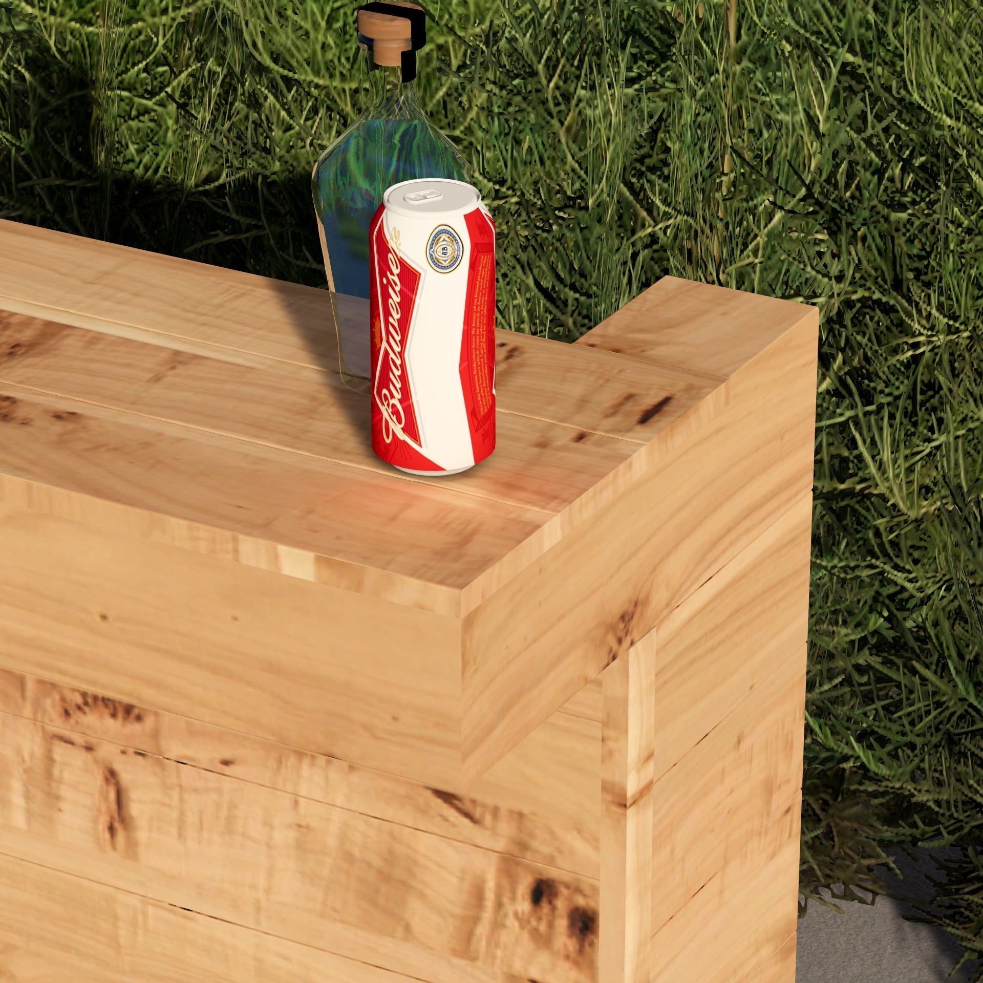 Red and white Budweiser can on a wooden surface with greenery in the background