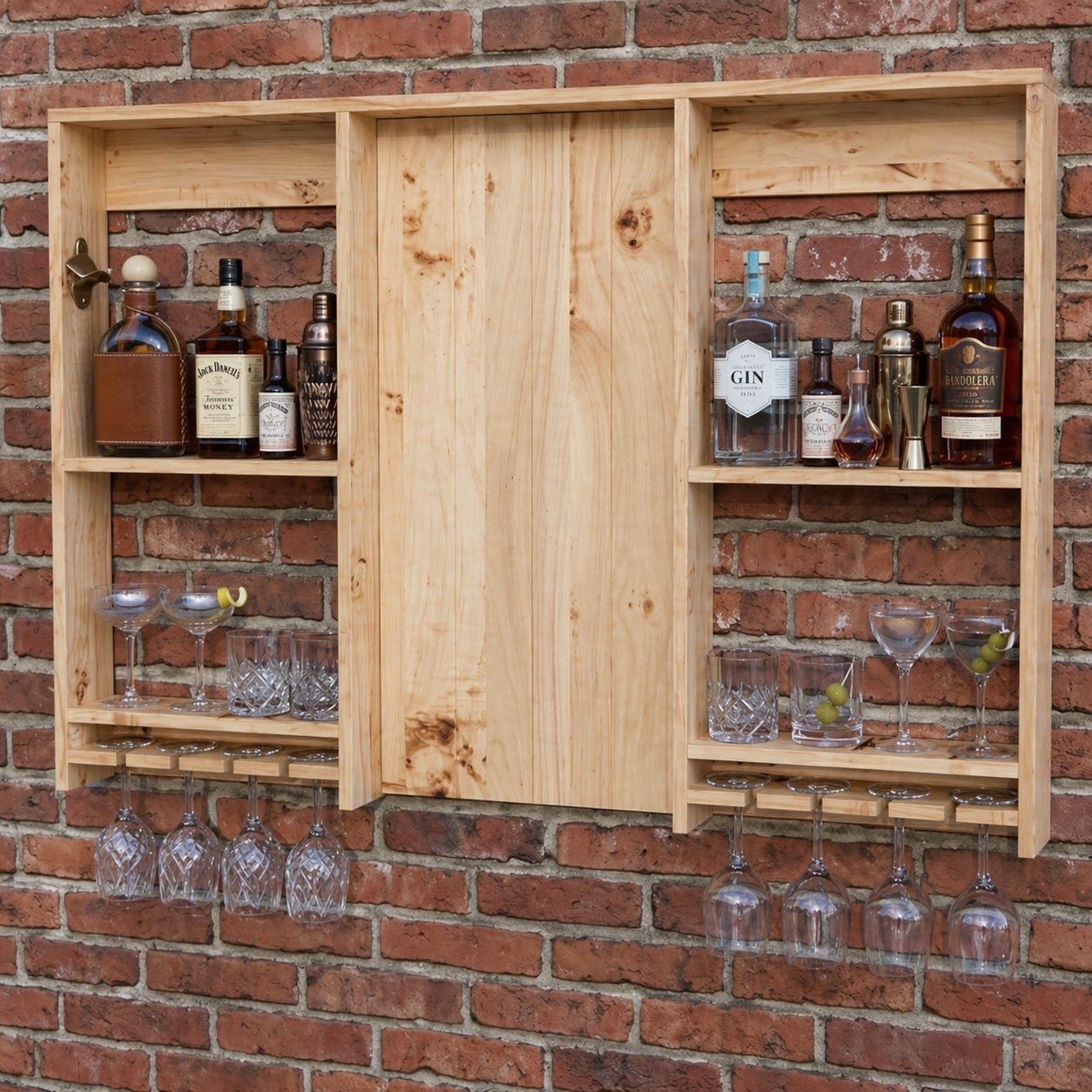 Wooden wall-mounted bar cabinet with alcohol bottles and glasses against a brick wall.