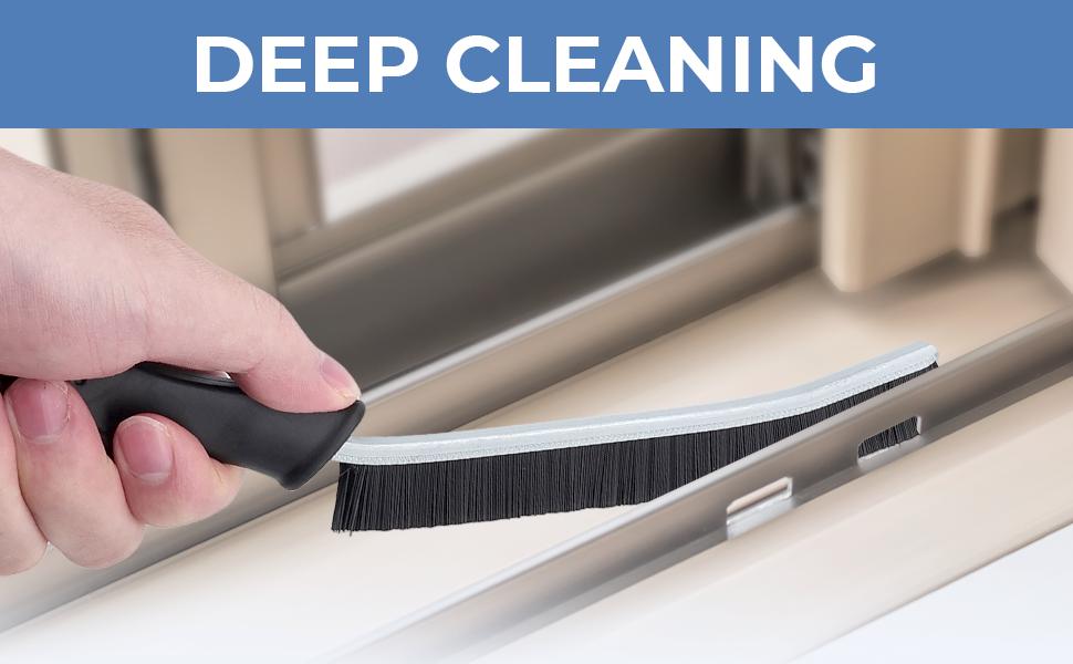 Person using a brush to clean inside a car window with 'DEEP CLEANING' text at the top.