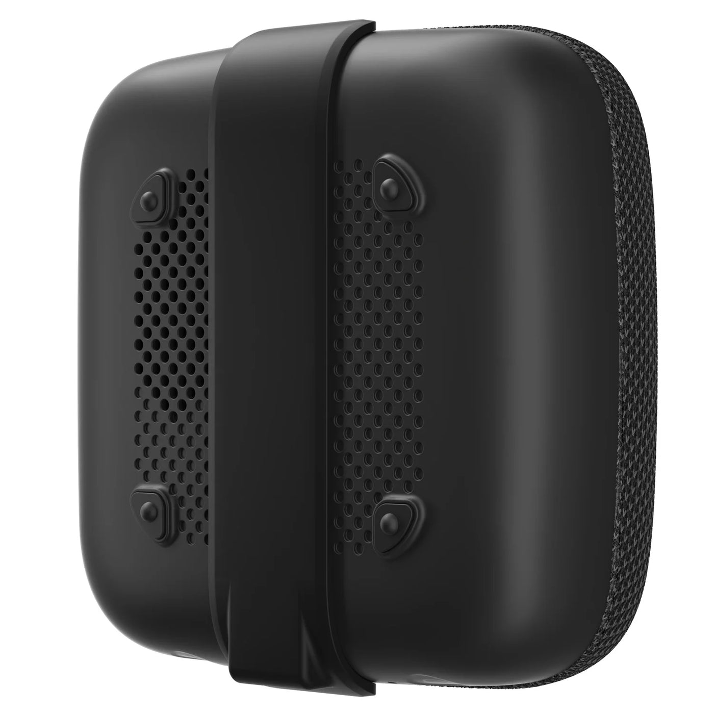 Black portable speaker with a strap on a white background