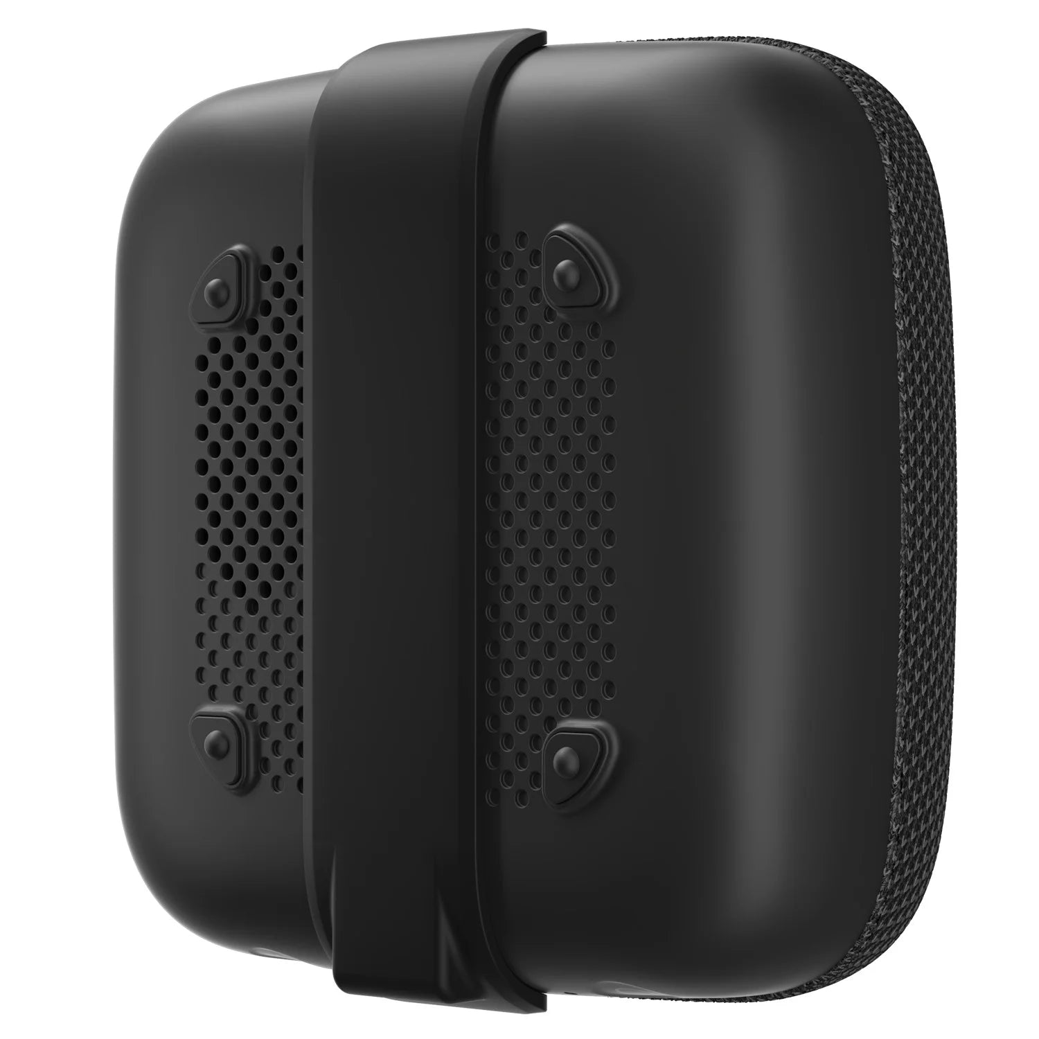 Black portable speaker with a strap on a white background
