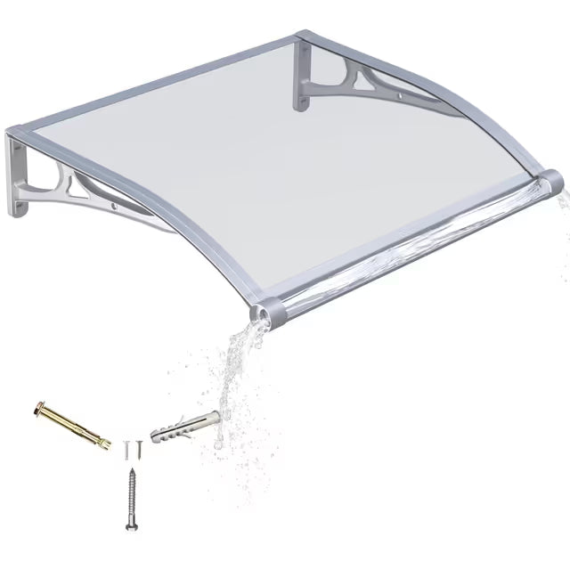 A clear acrylic or polycarbonate awning with a silver metal frame, shown on a white background with mounting hardware and a water droplet effect demonstrating waterproof coverage.