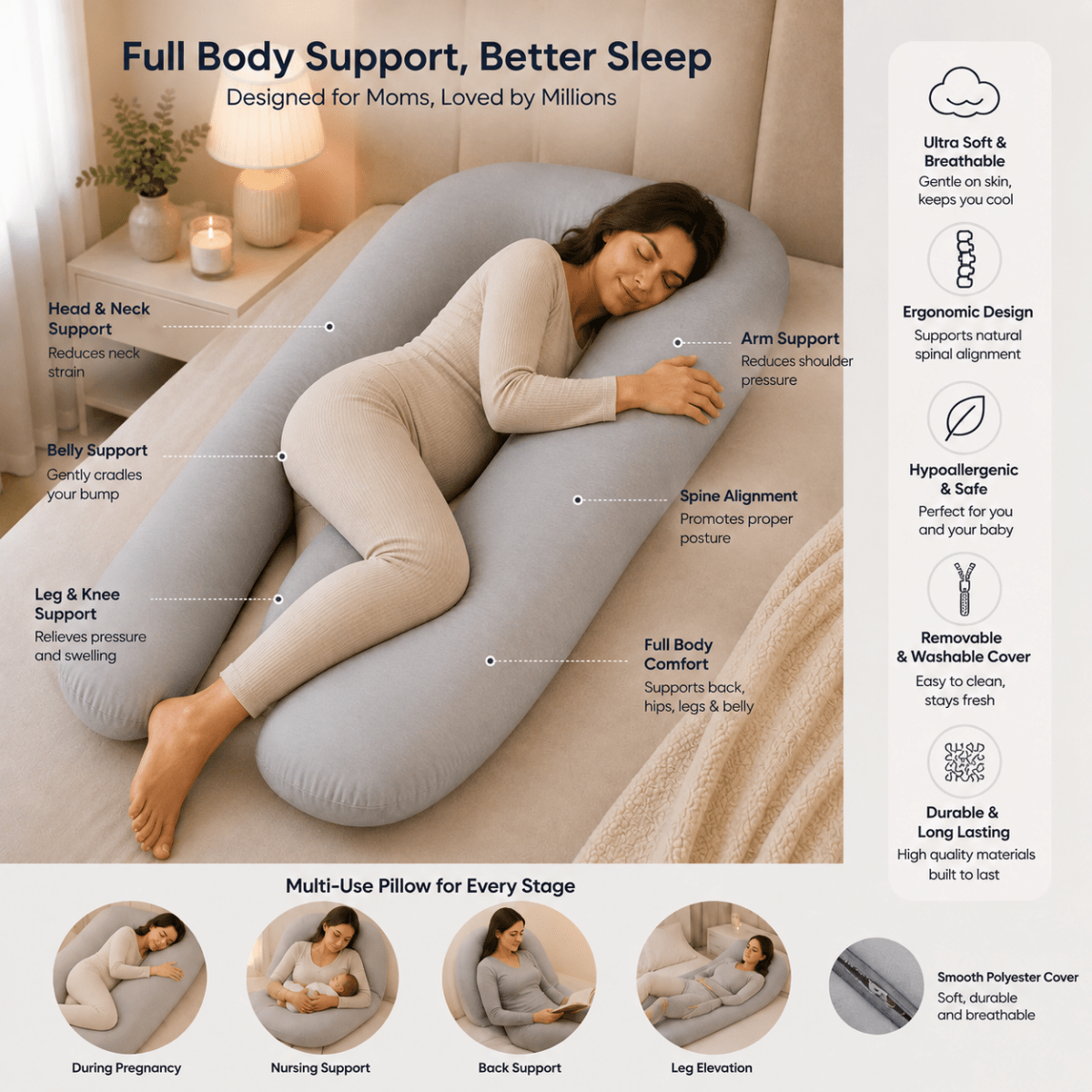 Maternity Pillow 12 Ft Full Body Pregnancy Pillow Light Blue Case