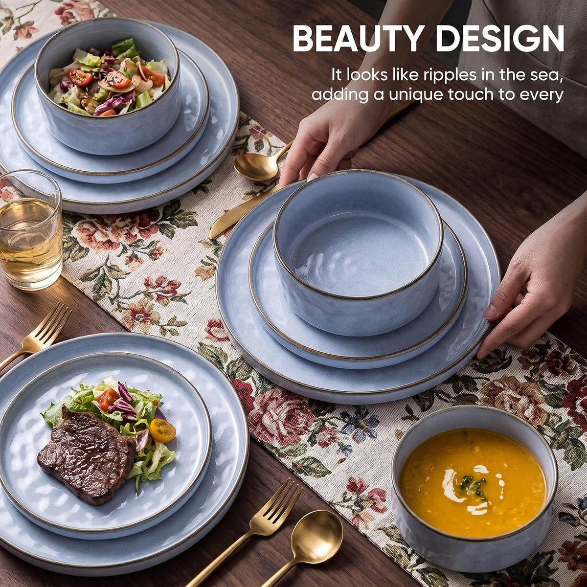 Dinner Set 18 Piece Dinnerware Plates Bowls Grayish Blue Tableware HaWare
