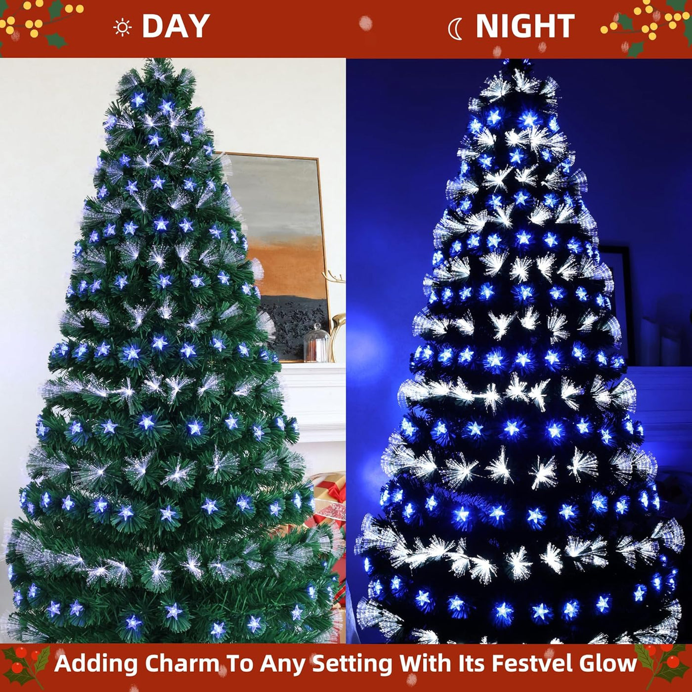 Asinse 6ft Fiber Optic Christmas Tree, 250 Blue & White LED Lights, Stars, Stand