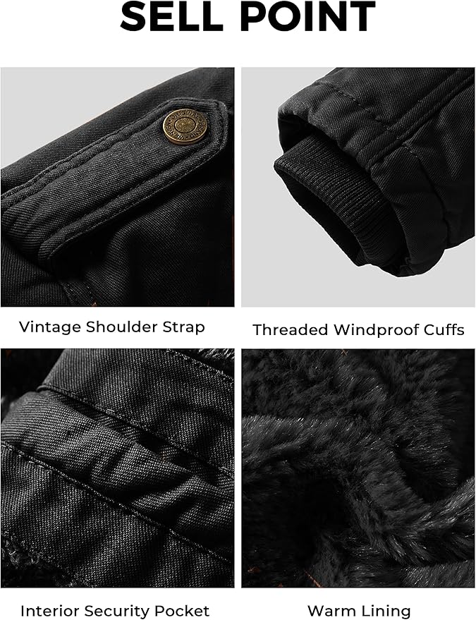 Black jacket with vintage shoulder strap, threaded windproof cuffs, interior security pocket, and warm lining.