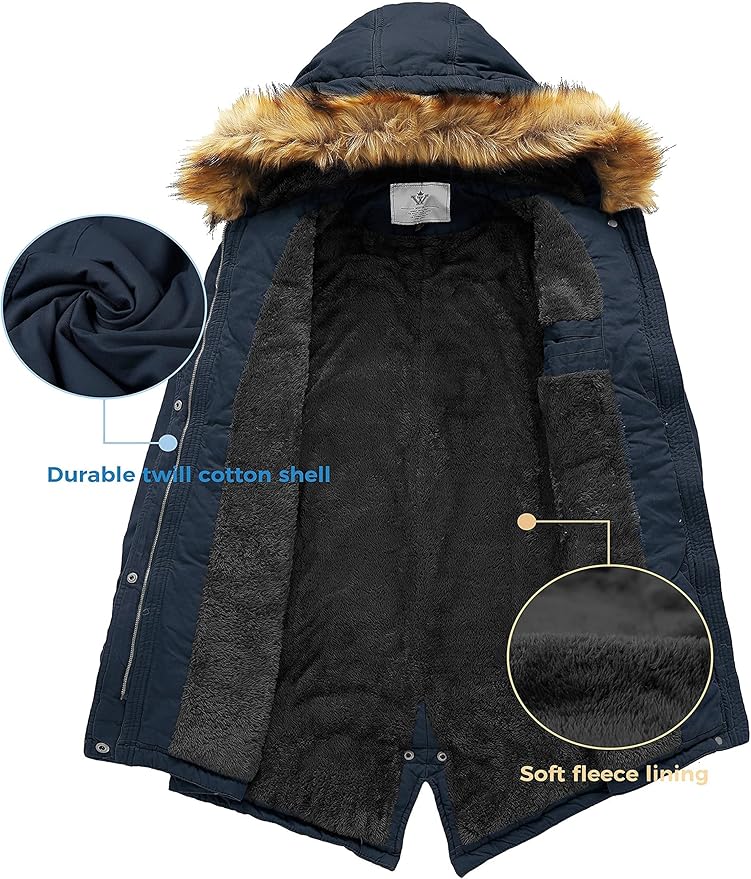 Navy blue winter coat with fur-lined hood on a white background
