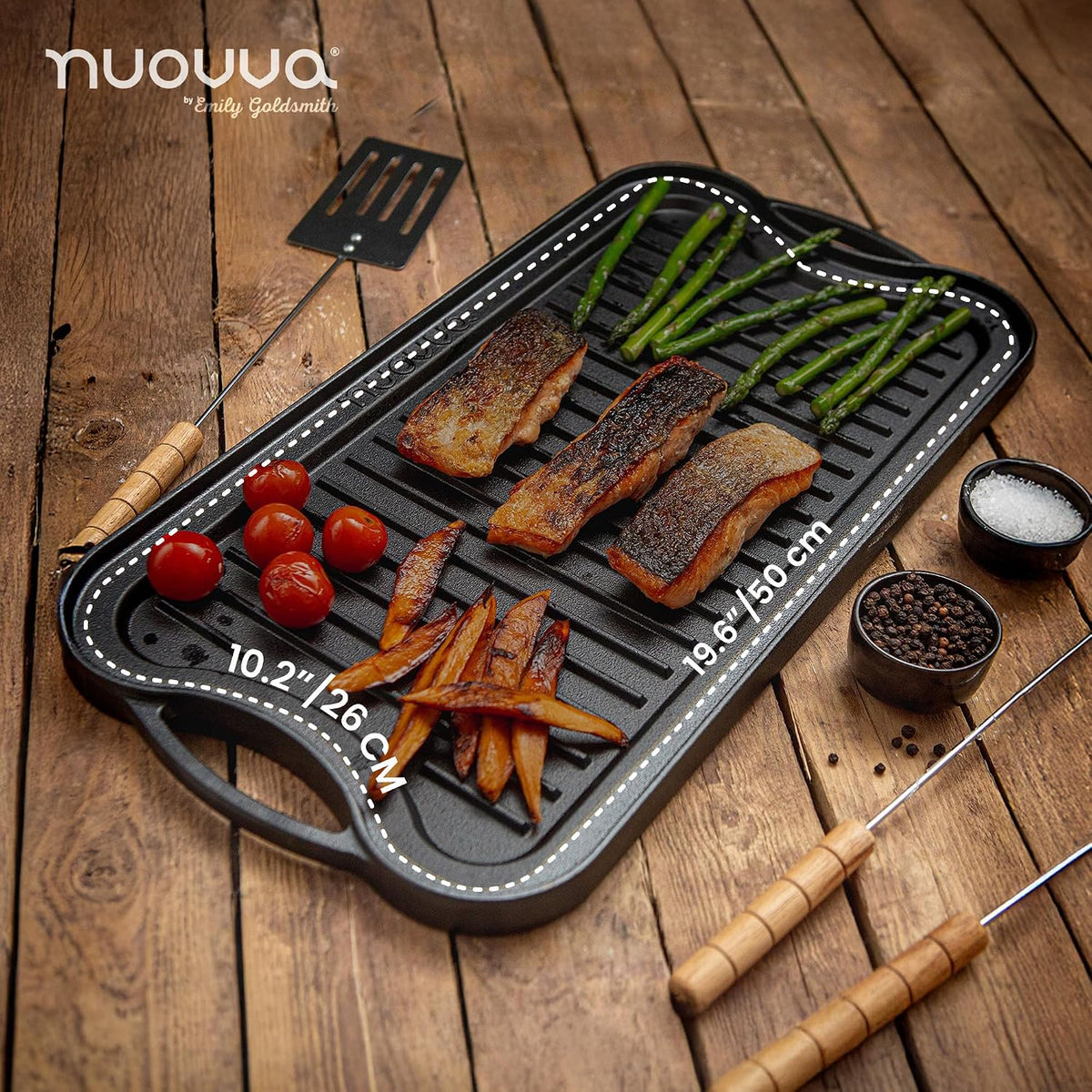 Cast Iron Griddle Pan 50x25cm Double Sided Pre Seasoned Gas Hob BBQ Grill nuovva