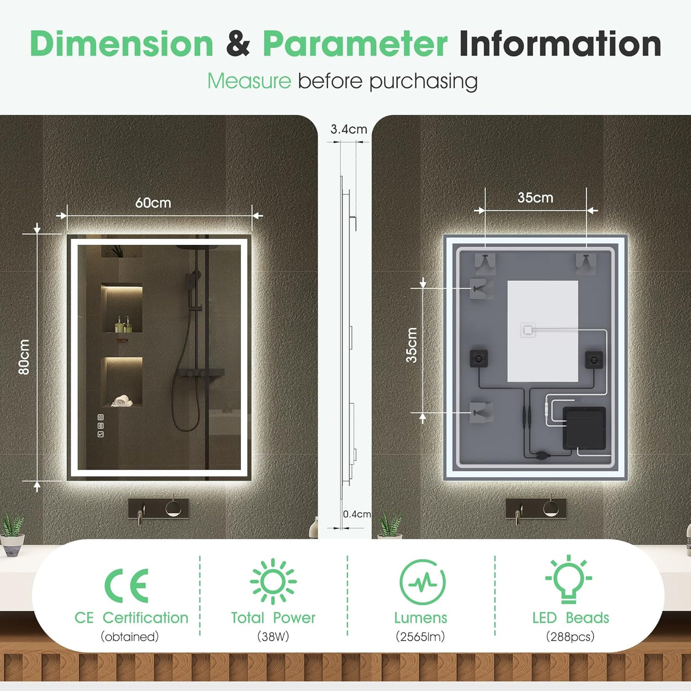 Dimensions and parameter information of a bathroom mirror with LED lighting.