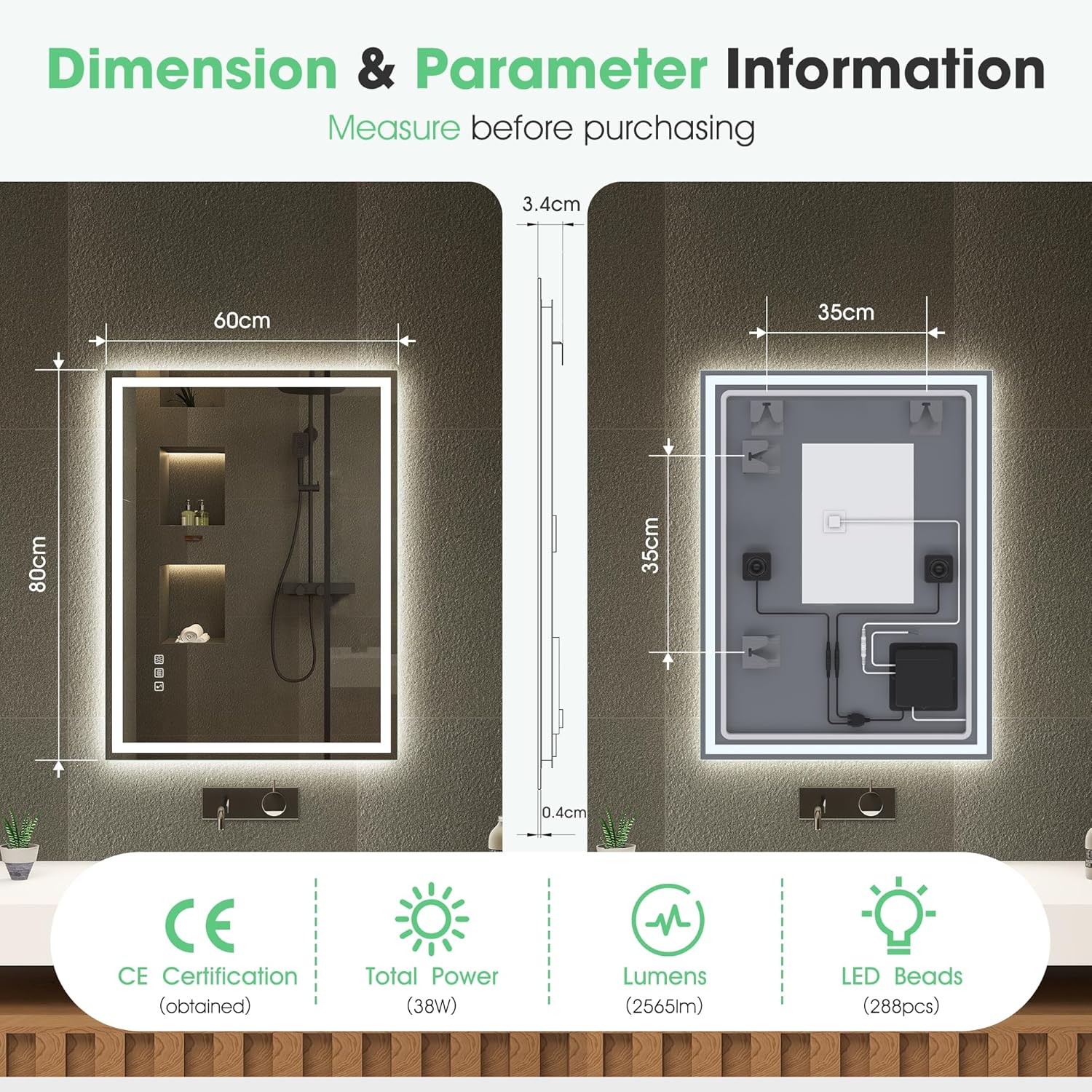 Dimensions and parameter information of a bathroom mirror with LED lighting.
