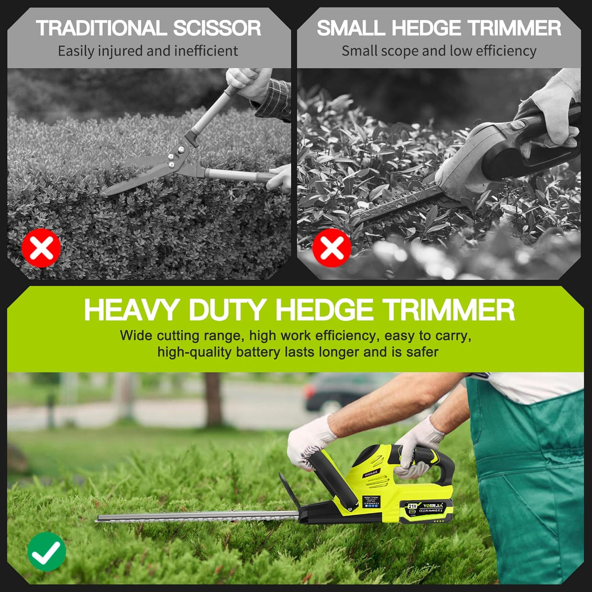 Cordless Hedge Trimmer 50cm Brushless 2x4.0Ah Batteries Garden Cutter VOERJIA