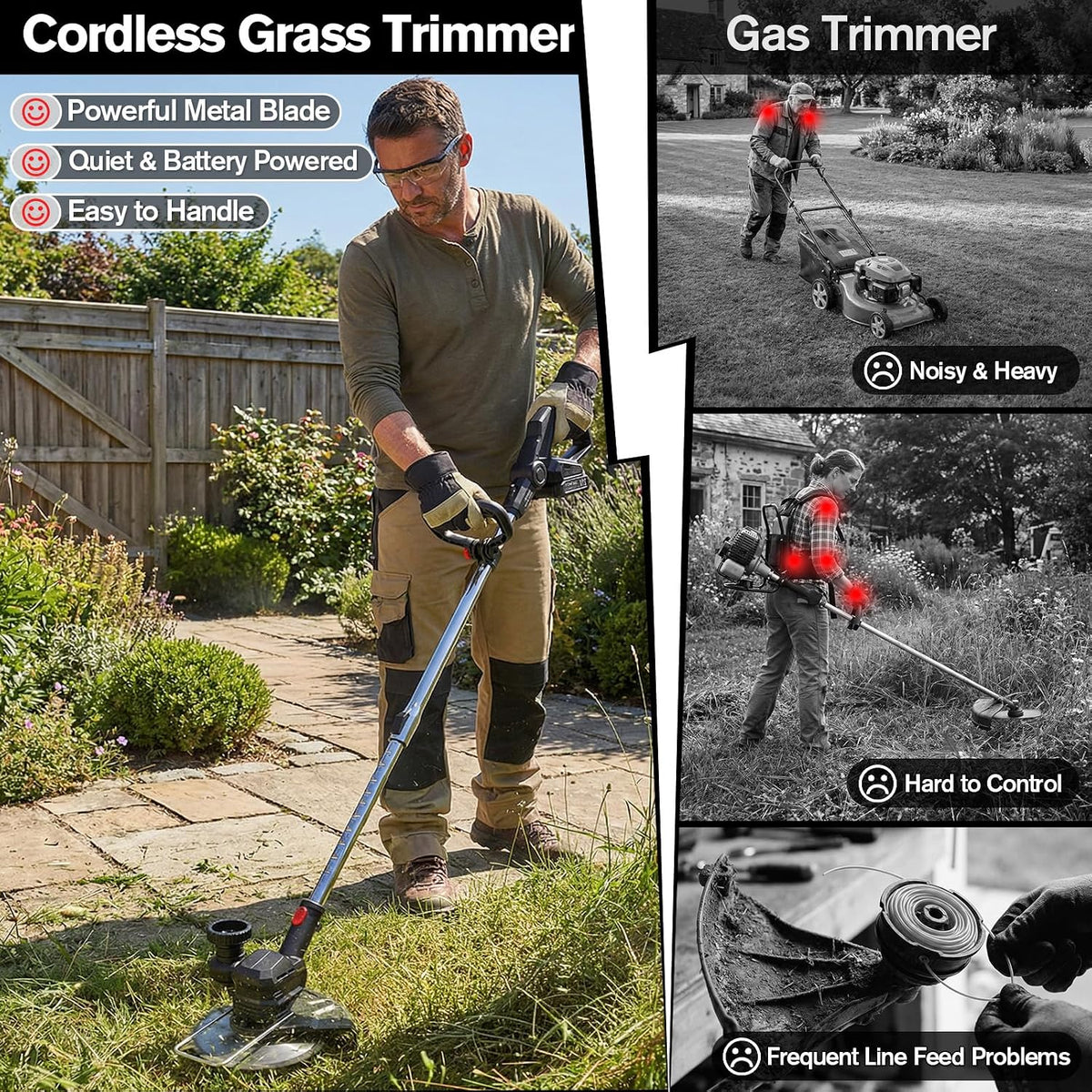 Cordless Strimmer 750W 24000RPM 2x2Ah Batteries Wheels Metal Blades LCD Display