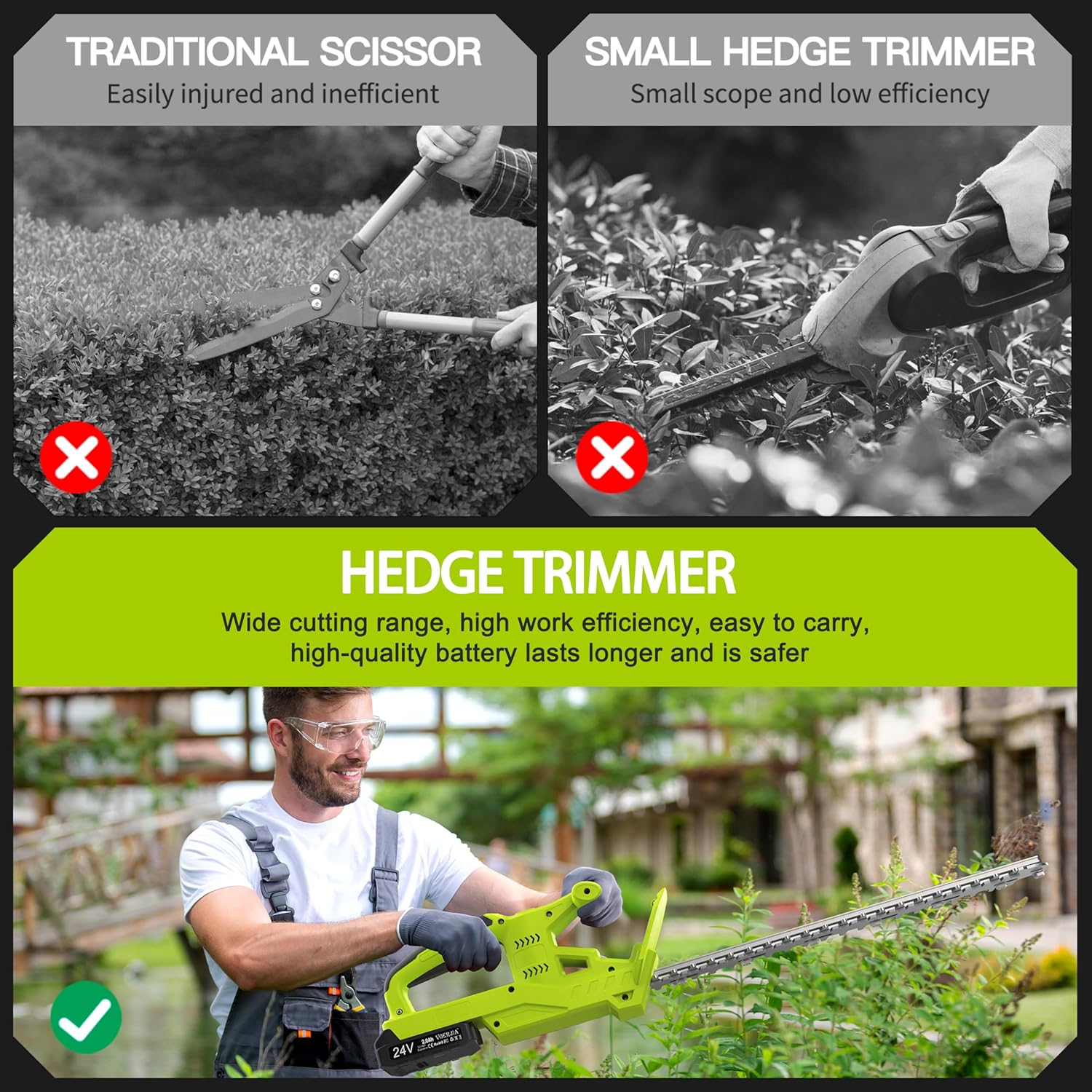 Comparison of traditional scissors and small hedge trimmer with a hedge trimmer being used effectively.