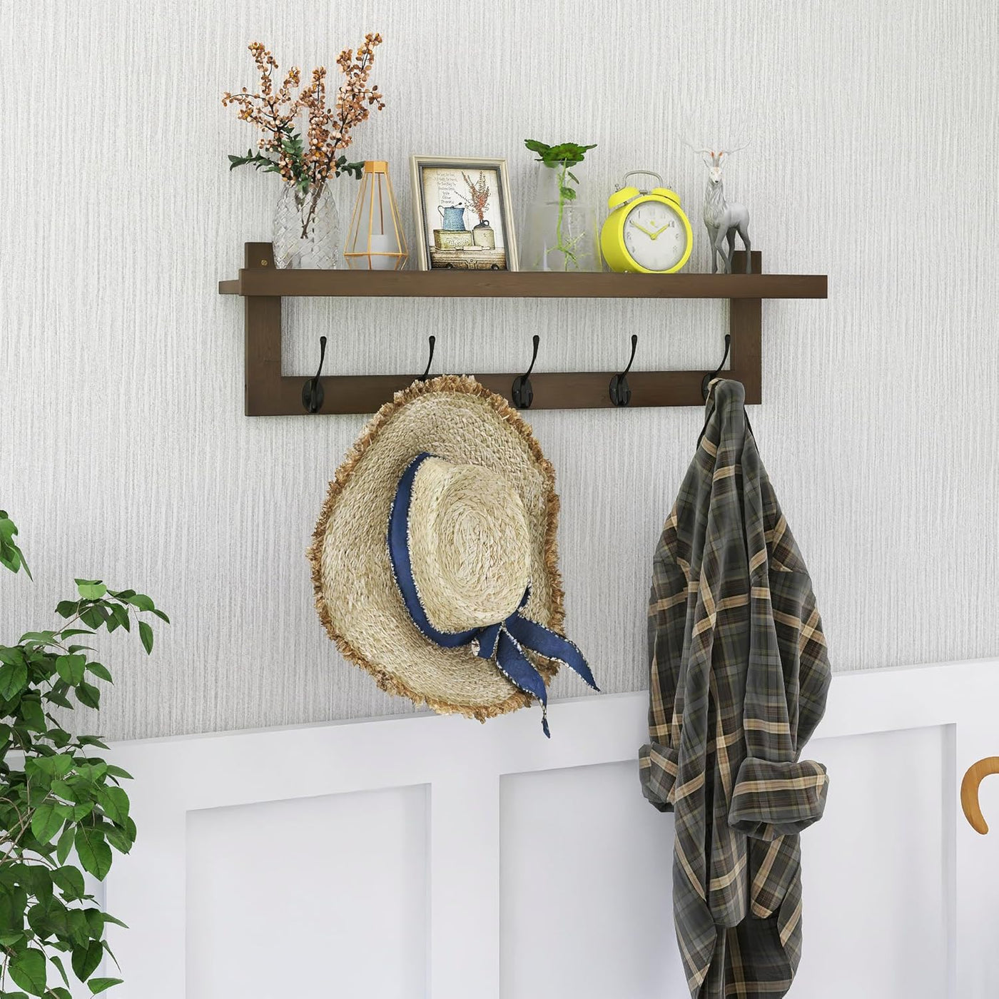 Coat Rack Wall Mounted Shelf 74cm Bamboo Hooks Storage Walnut SMIBUY