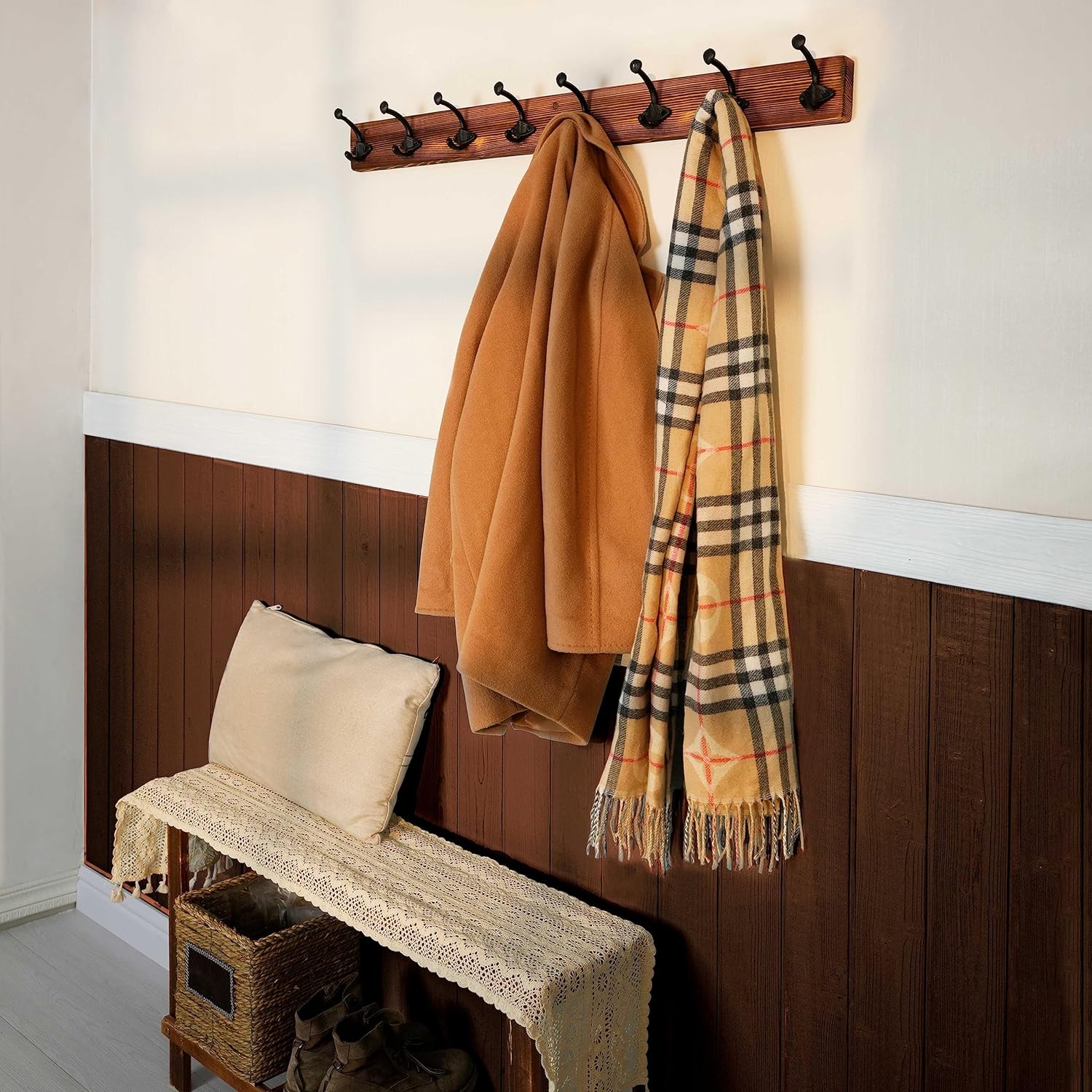 WEBI Rustic Wall-Mounted 90cm Coat Rack with 8 Heavy-Duty Cast Iron Hooks, Brown