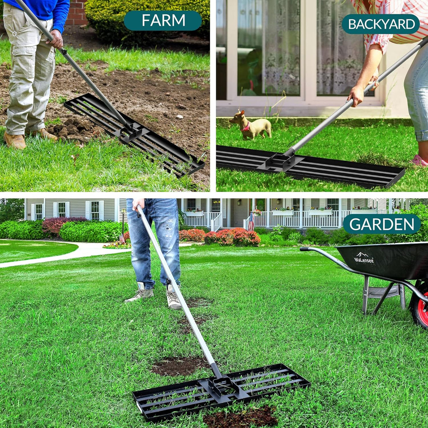 Collage of a person using a garden tool in various outdoor settings labeled 'Farm', 'Backyard', and 'Garden'.
