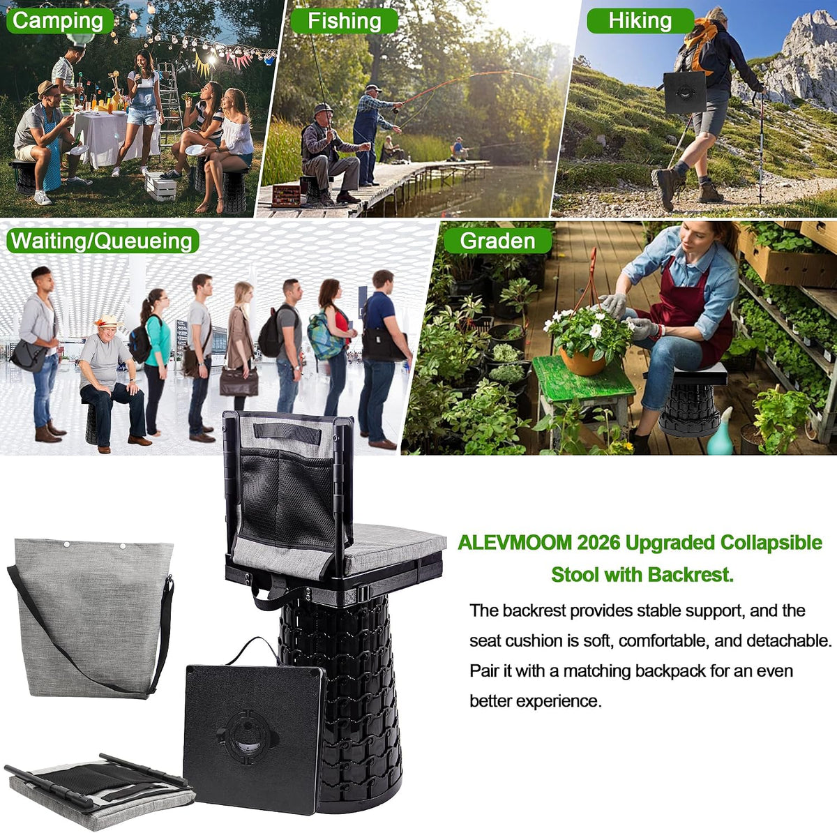 Collapsible Stool 1000lbs Folding Camping Chair Backrest Cushion ALEVMOOM 2026