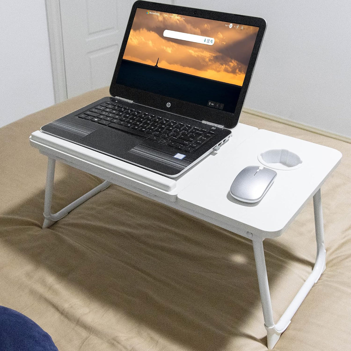 Laptop Bed Table Foldable Legs Cup Slot Reading Notebook Stand White Desk Tray