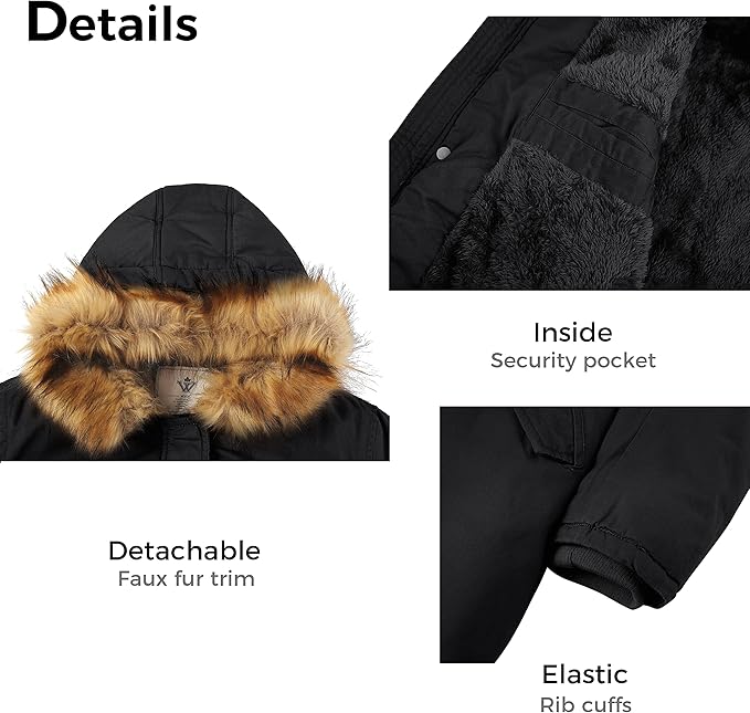 Black jacket with detachable faux fur trim, security pocket, and elastic rib cuffs on a white background.