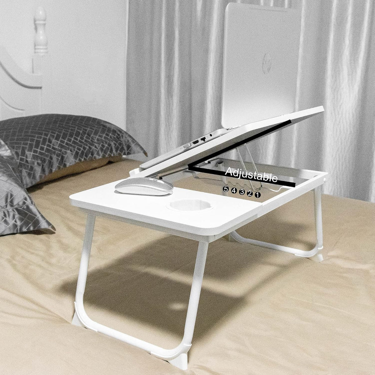 Laptop Bed Table Foldable Legs Cup Slot Reading Notebook Stand White Desk Tray