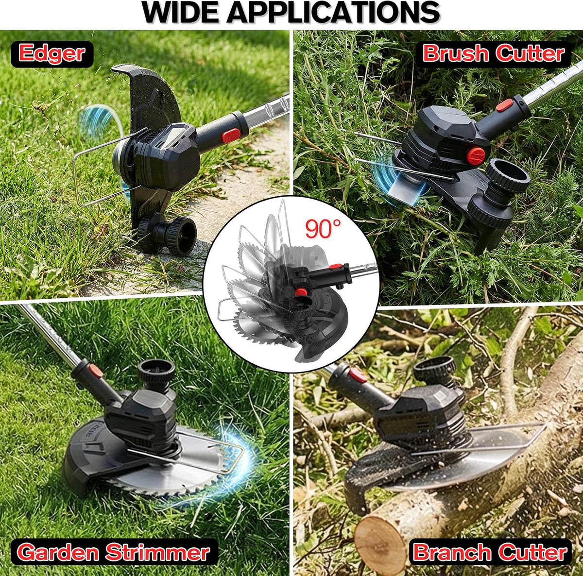 Cordless Strimmer 750W 24000RPM 2x2Ah Batteries Wheels Metal Blades LCD Display
