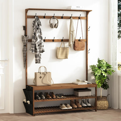 Bamboo Coat Rack 6 in 1 Hall Tree Shoe Bench 14 Hooks Storage Brown AMBIRD Entryway