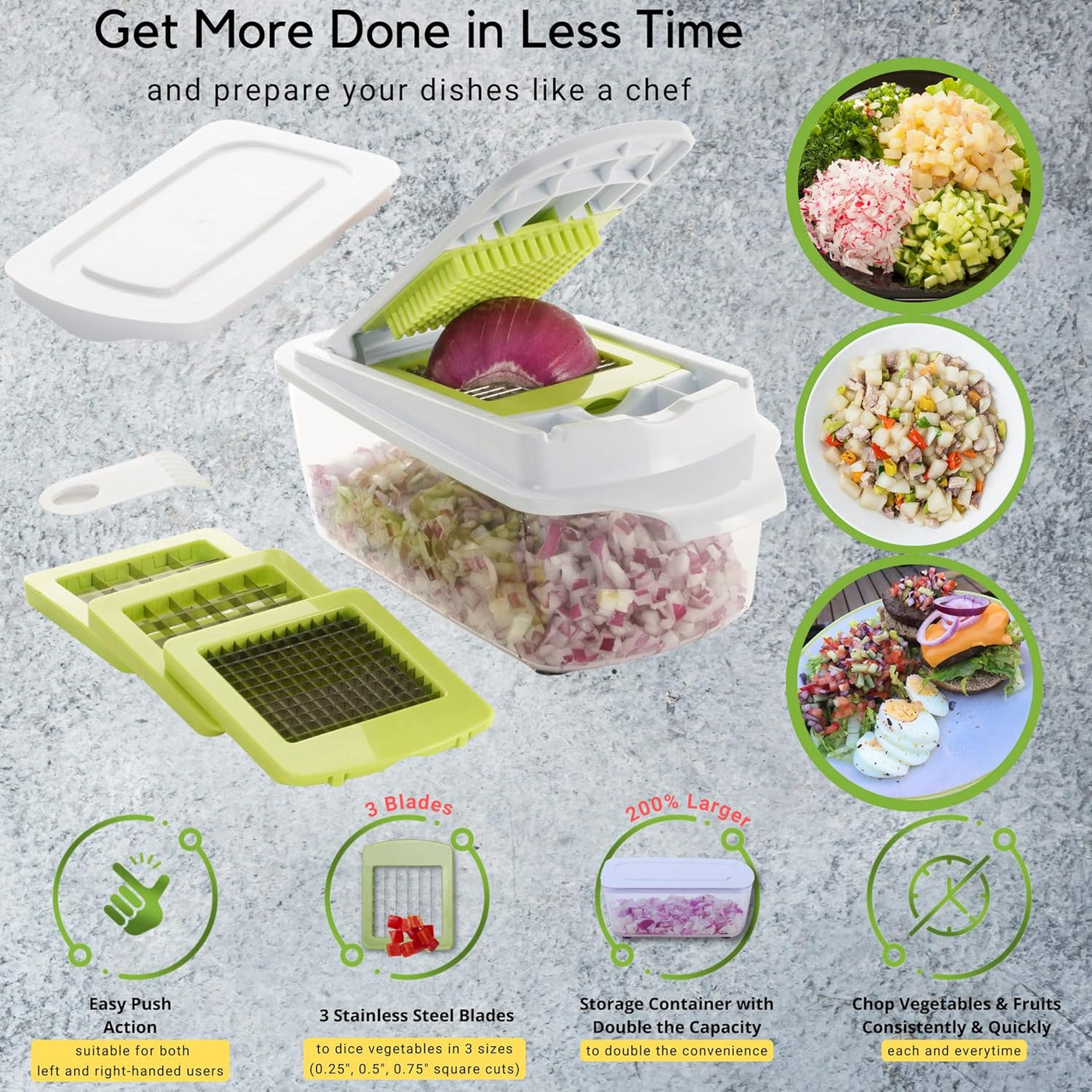 Brieftons Quick Push Food Chopper (BR-QP-02) Kitchen Vegetable Fruit Dicer