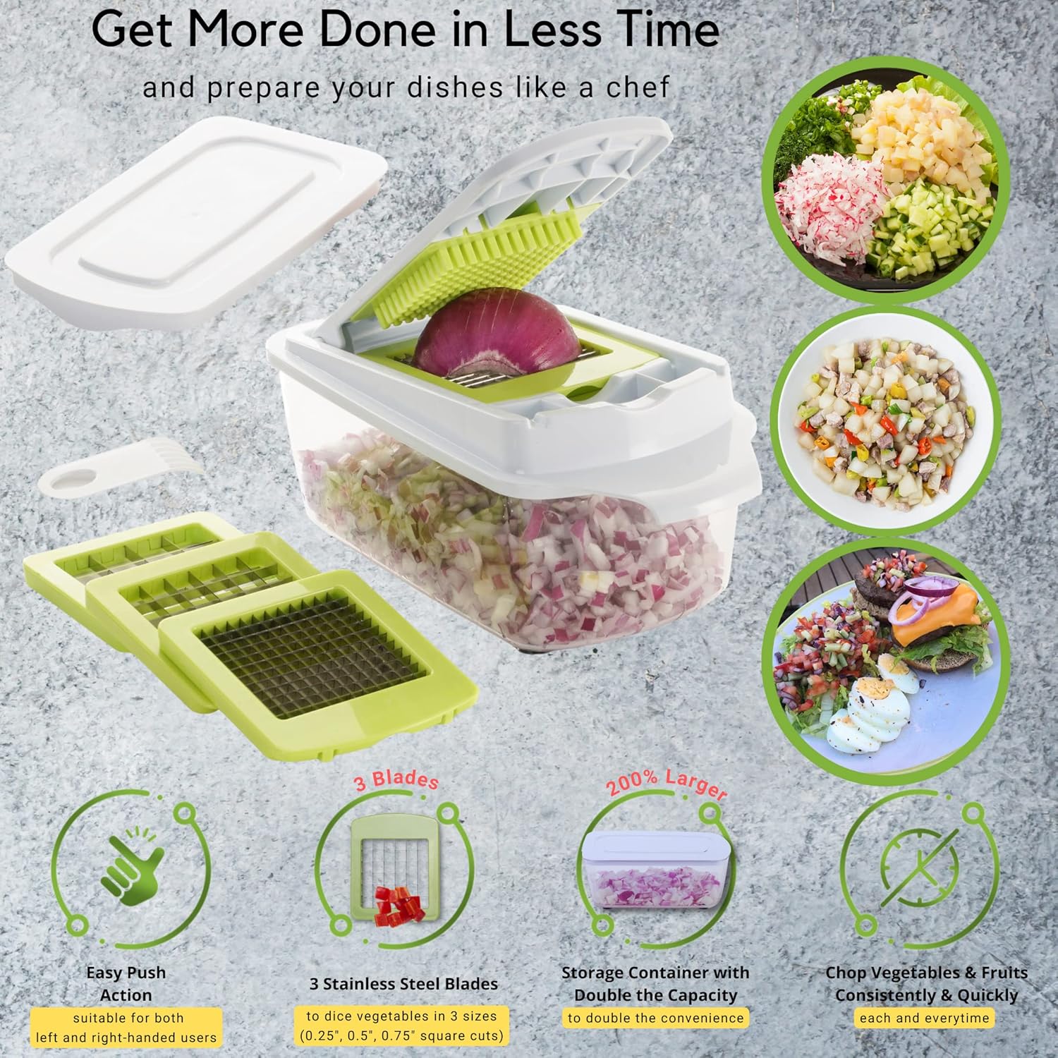 Brieftons Quick Push Food Chopper (BR-QP-02) Kitchen Vegetable Fruit Dicer