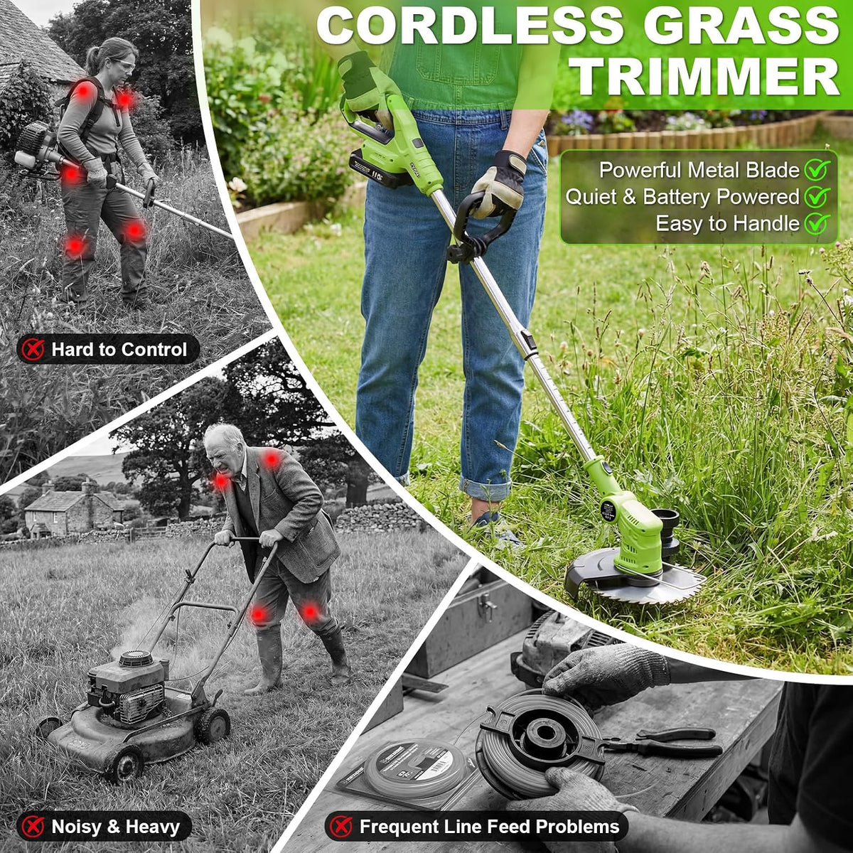 Cordless Brush Cutter Lawn Mower 2x2000mAh Batteries 6 Metal Blades VOERJIA Garden
