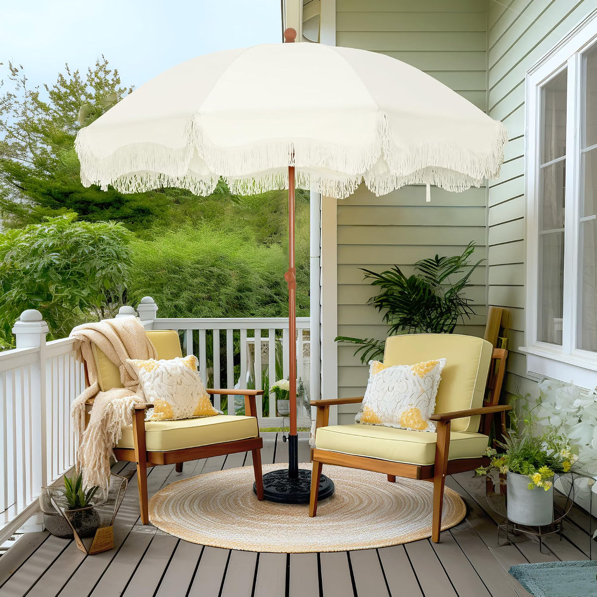 Beach Umbrella 2M UPF 50+ Fringed Boho Parasol Ground Drill Ivory PHI VILLA Patio