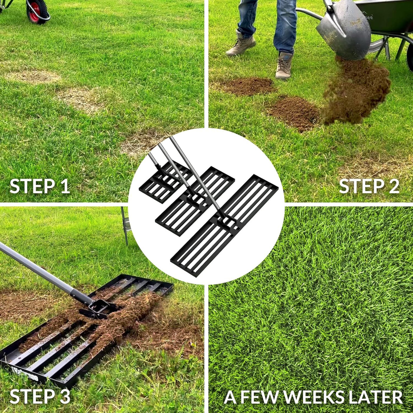 Step-by-step process of using a lawn aerator tool on grass.