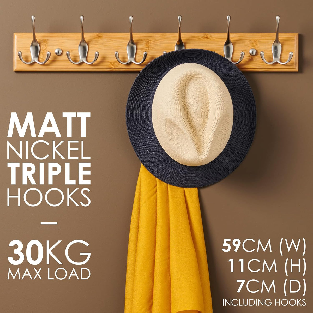 Wall Mounted Coat Rack 59cm Wooden 6 Matt Nickel Hooks Hallway Storage LARHN