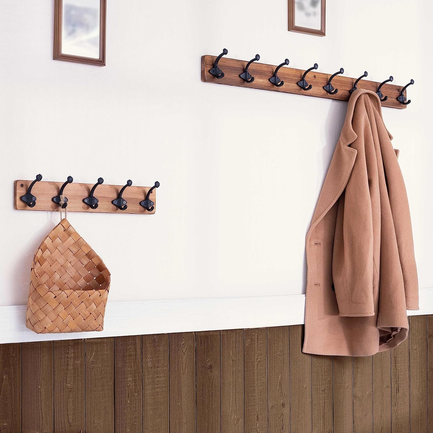 WEBI Rustic Wall-Mounted 90cm Coat Rack with 8 Heavy-Duty Cast Iron Hooks, Brown