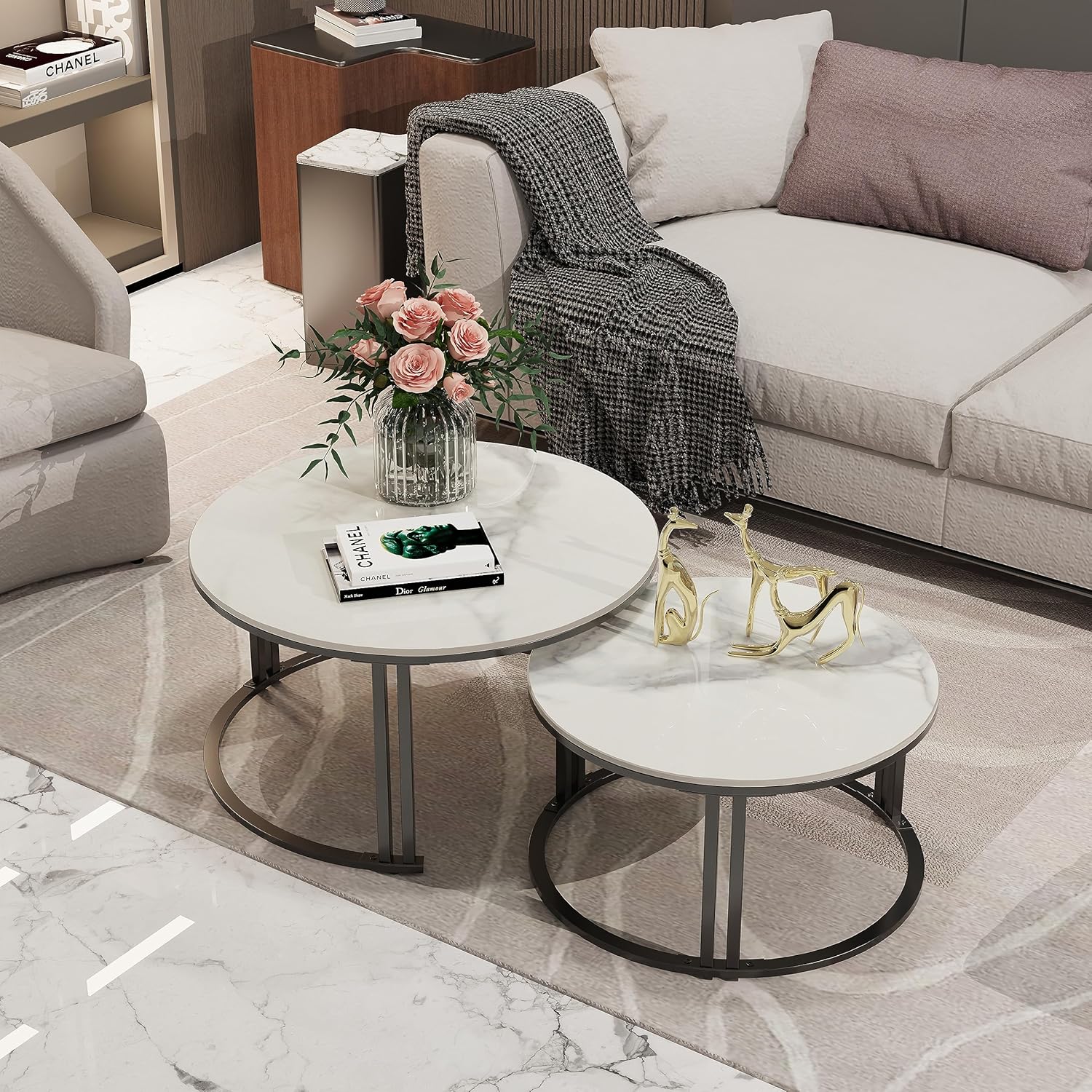 FATIVO Nesting Coffee Table Set of 2, White Marble Gloss Round Tables, 70/57cm