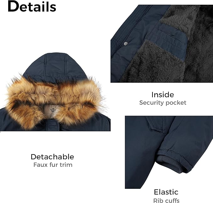 Navy jacket with fur trim and security pocket details